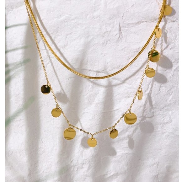 New 18K Gold Plated Coin Drop Double Layer Herringbone Necklace - Picture 3 of 7